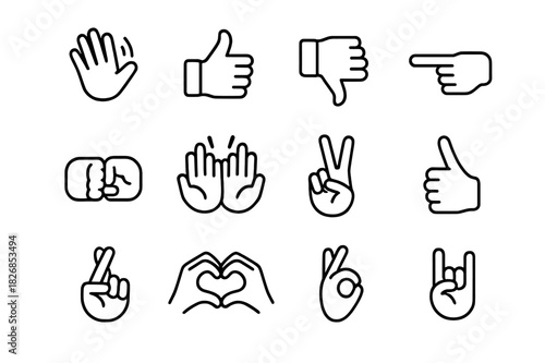 Reaction Gesture Icons. Reaction gestures. Line icon set of reaction gestures: waving hand, thumbs up, thumbs down, clapping hands, fist bump, high five, peace