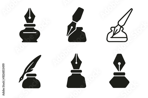Artistic Mastery Logos. Mastering a craft or artistic skill. Icon set. Set Logo of artistic mastery: calligraphy pen and ink. harmonious logo variations of the