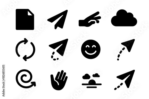 Creative Play Icons. Creative play. Solid icon set of Creative play: paper sheet, folded plane, throw motion, flight path, cloud, loop arrow, trajectory line,