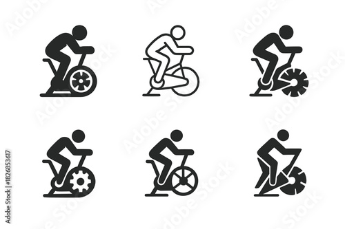 Indoor Cycling Icons. A person practicing indoor cycling, focused on endurance and intensity. Icon set. Set Logo of A person practicing indoor cycling, focused