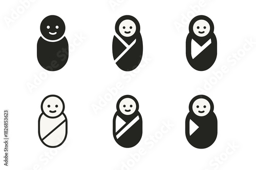 Birth Icon Variations. Birth. Icon set. Set Logo of Birth: baby wrapped in blanket. harmonious logo variations of the same emblematic concept, each with