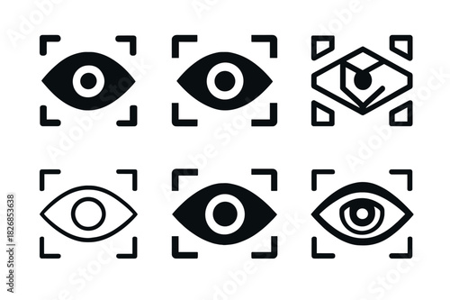 Security Camera Emblems. Security camera. Icon set. Set Logo of security camera: eye in digital frame. harmonious logo variations of the same emblematic