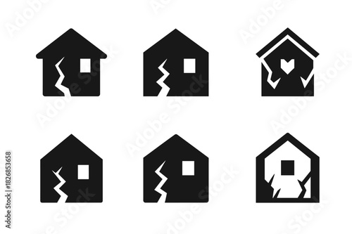 Abandoned House Logos. Dilapidated house with no sign of life. Icon set. Set Logo of abandoned home: cracked walls and no light. harmonious logo variations of