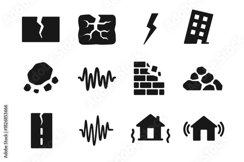 Earthquake Icon Set. Earthquake crack. Solid icon set of Earthquake crack: ground fissure, cracked earth, fault line, building tilt, falling rock, seismic