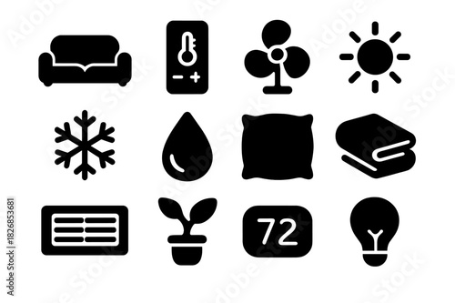 Room Comfort Icons. Room comfort. Solid icon set of room comfort: couch, thermostat, fan, sun, snowflake, droplet, pillow, blanket, air vent, plant,