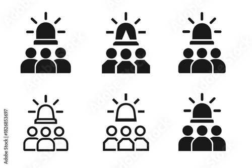 Emergency Evacuation Icons. Emergency evacuation of large groups in high-risk environments. Icon set. Set Logo of emergency evacuation of large groups in