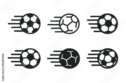 Dynamic Soccer Ball Logos. soccer ball in motion. Icon set. Set Logo of soccer ball in motion: kicked ball trajectory. harmonious logo variations of the same