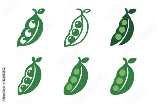 Pea Logo Variations. Pea. Icon set. Set Logo of Pea: Single pea pod. harmonious logo variations of the same emblematic concept (Minimal outline, Filled
