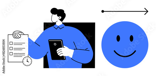 Productivity concept. Productivity with a checklist, timer, and progress arrow. Productivity reflected in motivation and goals. For workplace improvement, achievement, deadlines, efficiency success