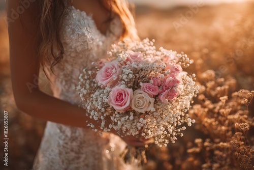 Beautiful Bride Holding a Bouquet of Pink and White Roses in a Golden Field a...