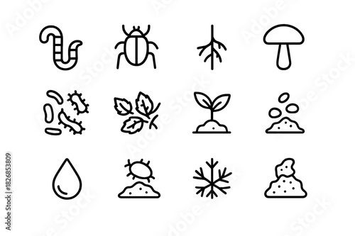Soil Ecology Icons. Soil Ecology. Line icon set of Soil Ecology: worm, beetle, root, fungus, bacteria, leaf litter, seedling, soil grain, droplet, decomposer,
