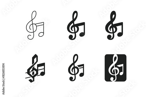 Music Logo Variations. Composition in music. Icon set. Set Logo of music composition: treble clef and notes. harmonious logo variations of the same emblematic