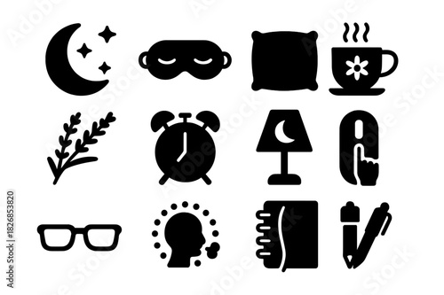 Sleep and Recovery Icons. Sleep and Recovery. Solid icon set of Sleep and Recovery: moon, stars, sleep mask, pillow, lavender sprig, chamomile cup, alarm