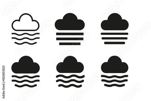 Morning Fog Logos. Country kitchen. Solid icon set of Country kitchen: cast iron pan, mason jar, butter churn, rolling pin, apron, spice rack, cutting board,