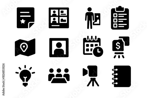 Pre-Production Icon Set. Pre-production. Solid icon set of pre-production: script, storyboard, location scout, casting call, production schedule, budget sheet,