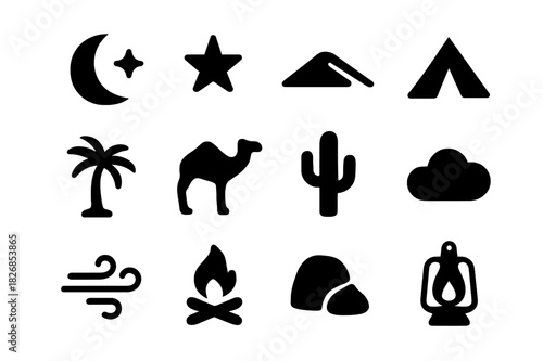 Desert Night Icons. Night in the Desert. Solid icon set of Night in the Desert: crescent moon, star, dune, tent, palm tree, camel, cactus, cloud, wind, fire