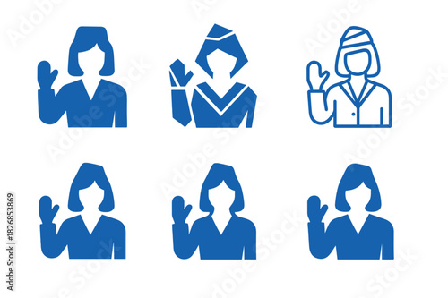 Hostess Logo Variations. Hostess. Icon set. Set Logo of Hostess: greeting gesture icon. harmonious logo variations of the same emblematic concept, each with