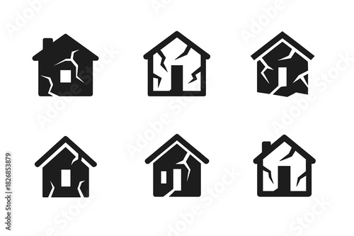 Abandoned House Logos. Dilapidated house with no sign of life. Icon set. Set Logo of abandoned home: cracked walls and no light. harmonious logo variations of