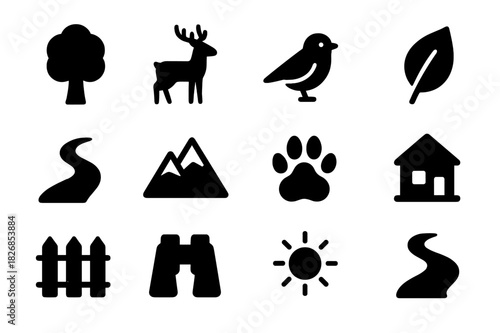 Forest Symbols Set. Forest sanctuary. Solid icon set of forest sanctuary: tree, deer, bird, leaf, path, mountain, paw, ranger hut, fence, binoculars, sun,