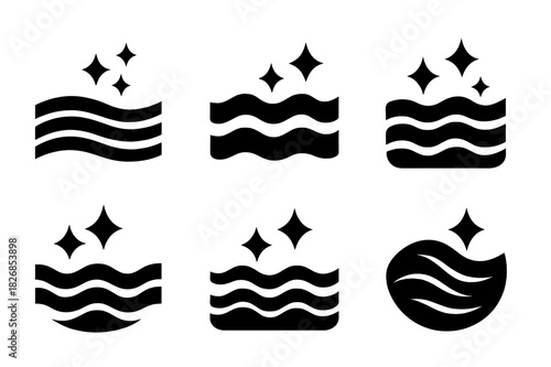 Glimmering Water Logos. Glimmering water. Icon set. Set Logo of glimmering water: light reflecting ripples. harmonious logo variations of the same emblematic