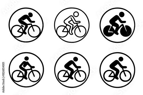 Cyclist Icon Variations. Person on bicycle. Icon set. Set Logo of person on bicycle: silhouette of cyclist in motion within circular frame. harmonious logo