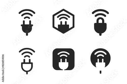 Smart Plug Logos. Smart plugs. Icon set. Set Logo of smart plugs: plug with Wi-Fi signal. harmonious logo variations of the same emblematic concept, each with