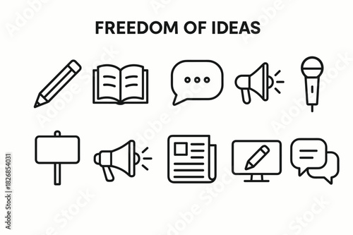 Freedom of Expression Icons. Freedom of Ideas. Line icon set of Freedom of Ideas: pencil, open book, speech bubble, megaphone, microphone, protest sign,
