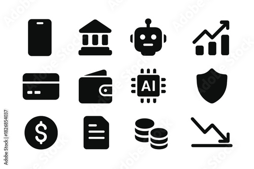Smart Finance Icons. Smart finance. Solid icon set of smart finance: smartphone, digital bank, robot, chart line, credit card, wallet, AI chip, shield, dollar,