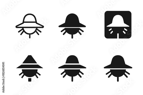 Scarecrow Hat Logos. Scarecrow Hat. Icon set. Set Logo of Scarecrow Hat: Woven Rim. harmonious logo variations of the same emblematic concept (Stylized detail,