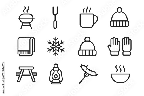 Winter Barbecue Icons. Outdoor Winter Barbecue. Line icon set of Outdoor Winter Barbecue: grill with smoke, barbecue fork, hot drink mug, fire pit, wool