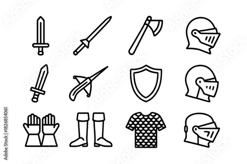 Knight Weapon Icons. Knight Weaponry. Line icon set of Knight Weaponry: sword, lance, battle axe, mace, dagger, crossbow, shield, helmet, gauntlets, boots,