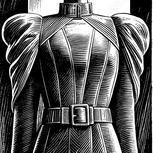 Dramatic black and white illustration of a structured outfit