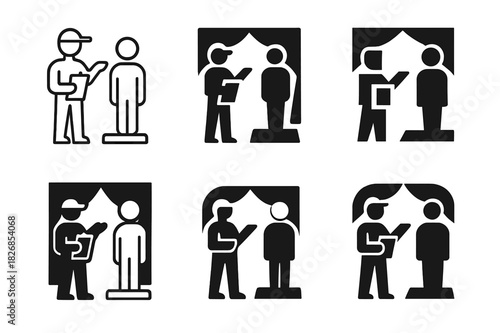 Director's Feedback Icons. A director giving feedback to an actor on their performance. Icon set. Set Logo of a director giving feedback to an actor on their