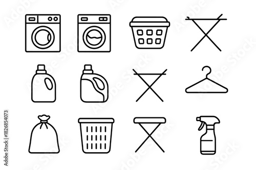 Laundry Room Icons. Laundry room. Line icon set of laundry room: washing machine, dryer, laundry basket, ironing board, detergent bottle, fabric softener,