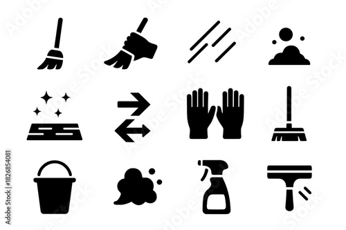 Cleaning Icons Grid. Cleaning motion. Solid icon set of Cleaning motion: broom, hand holding broom, sweeping lines, dust pile, floor surface, motion arrows,