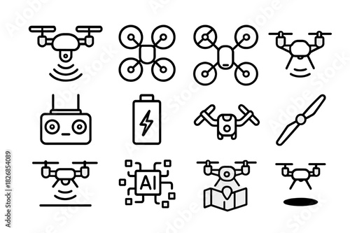 Autonomous Drone Icons. Autonomous Drones. Line icon set of Autonomous Drones: drone with sensors, camera drone, quadcopter, drone in flight, drone controller,