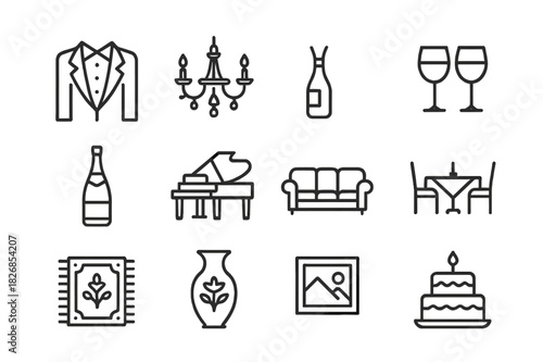 Elegant Gathering Icons. Elegant Gathering. Line icon set of Elegant Gathering: formal attire, chandelier, candelabra, wine glasses, champagne bottle, grand