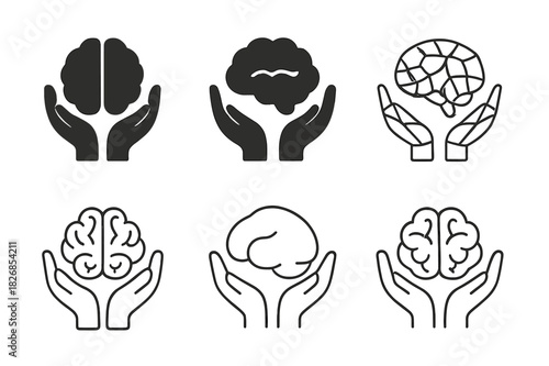 Mental Health Logos. Mental health awareness. Icon set. Set Logo of mental health: hands supporting brain. harmonious logo variations of the same emblematic