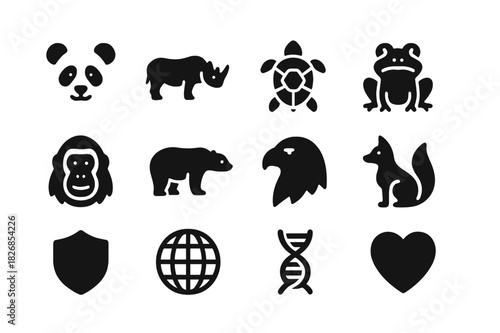 Endangered Species Icons. Endangered species protection. Solid icon set of endangered species protection: panda, rhino, sea turtle, frog, orangutan, polar