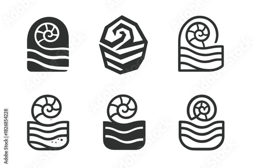 Geological Icon Variations. Fossils and geological history of nature. Icon set. Set Logo of fossils and geology: sedimentary rock cross-section. harmonious