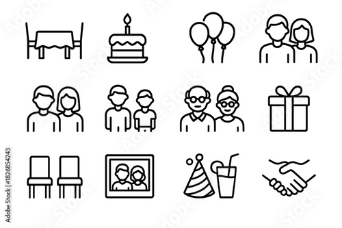 Family Time Icons. Family Time Icons. Line icon set of Family Time Icons: dining table, cake, balloons, parents, children, grandparents, gift box, chairs,