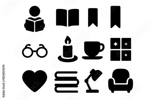 Book Lover Icons. Book Lover. Solid icon set of Book Lover: person holding book, open pages, bookmark, glasses, candle, coffee cup, heart, stack of books,