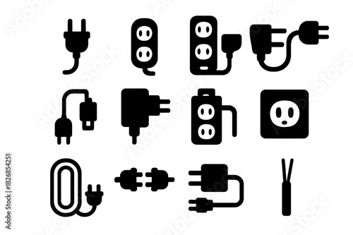 Power Cable Icons. Power cables. Solid icon set of Power cables: wall plug, extension cord, power strip, AC cable, charger cord, adapter, surge protector,
