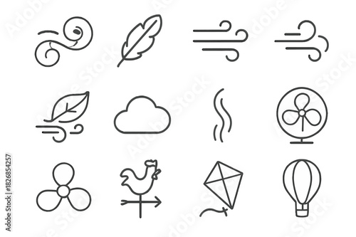 Air Symbol Icons. Air Symbols. Line icon set of Air Symbols: wind swirl, feather, gust, breeze, leaf blowing, cloud, smoke trail, fan, propeller, weather vane,