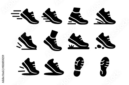 Shoe Motion Icons. Fast Foot Motion. Solid icon set of sneakers, running shoes, foot striking ground, motion lines, trail path, socks, dirt, grass, pebble,
