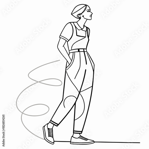 Stylish woman in overalls and sneakers line art