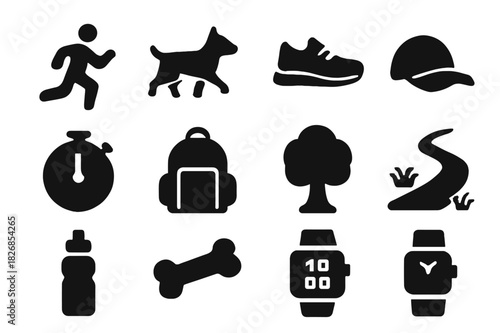 Jogging Essentials Icons. Jogging Activity. Solid icon set of runner, dog, sneakers, hat, stopwatch, backpack, tree, grass, trail, water bottle, dog toy,