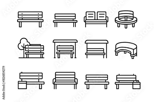 Public Bench Icons. Public benches. Line icon set of public benches: wooden slats, metal frame, bench with backrest, armless bench, double seat bench, round