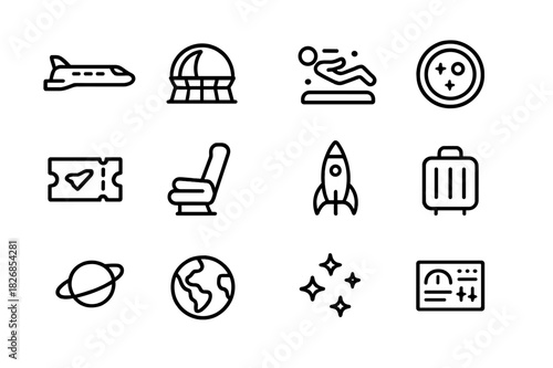 Space Tourism Icons. Space tourism transport. Line icon set of space tourism transport: passenger shuttle, observation dome, zero-gravity cabin, window view,