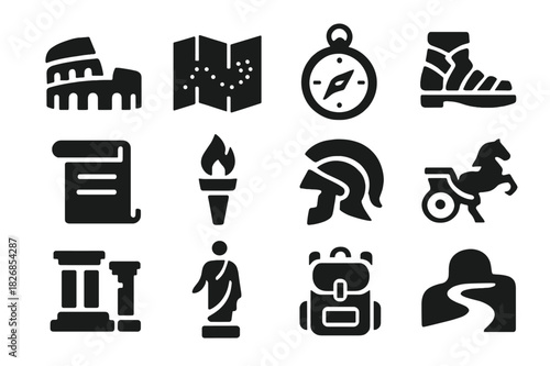 Roman Exploration Icons. Roman exploration. Solid icon set of Roman exploration: coliseum, map, compass, sandals, scroll, torch, helmet, chariot, ruins,